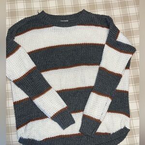 SO Men's Gray, White, and Brown Striped Crewneck Sweater